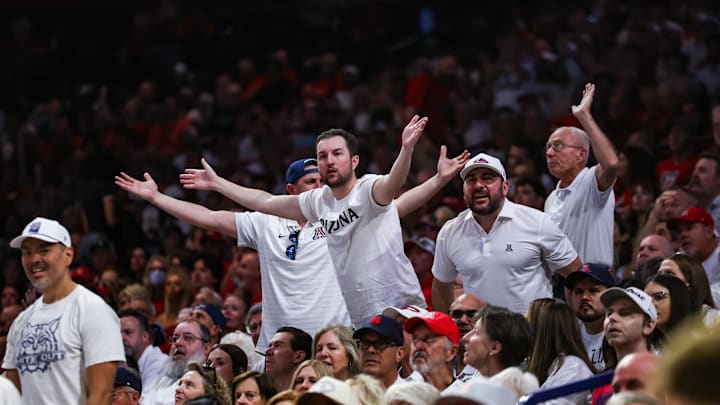Feb 28, 2026; Tucson, Arizona, USA; Arizona Wildcats fans react during the first half of the game against the Kansas Jayhawks at McKale Memorial Center. Mandatory Credit: Aryanna Frank-Imagn Images