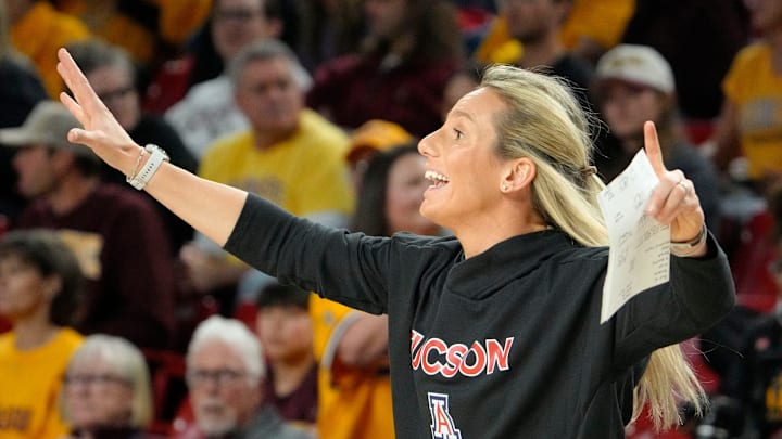 Arizona Wildcats head coach Becky Burke reacts during action against the Arizona State Sun Devils on Jan. 28, 2026, at Desert Financial Arena in Tempe.