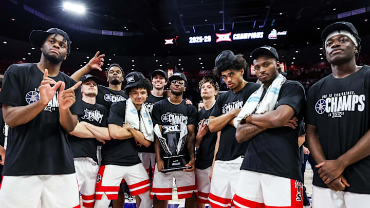 Mar 2, 2026; Tucson, Arizona, USA; The Arizona Wildcats celebrate after they defeat the Iowa State Cyclones   at McKale Memorial Center. Mandatory Credit: Aryanna Frank-Imagn Images