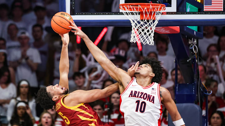Mar 2, 2026; Tucson, Arizona, USA; Arizona Wildcats forward Koa Peat (10) blocks a shot by Iowa State Cyclones forward Joshua Jefferson (5) during the second half of the game at McKale Memorial Center. Mandatory Credit: Aryanna Frank-Imagn Images