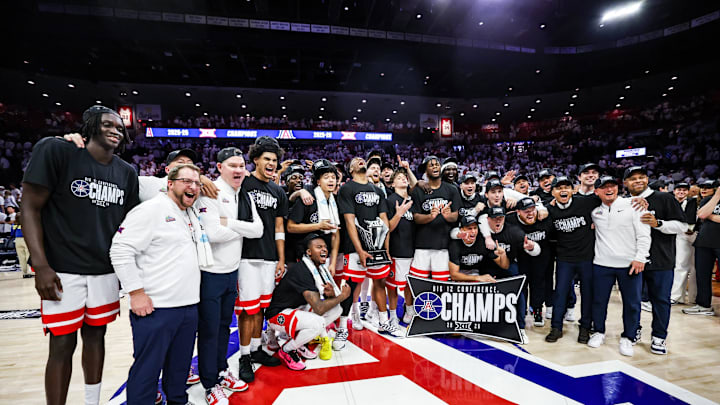 Mar 2, 2026; Tucson, Arizona, USA; The Arizona Wildcats celebrate after they defeat the Iowa State Cyclones at McKale Memorial Center. Mandatory Credit: Aryanna Frank-Imagn Images