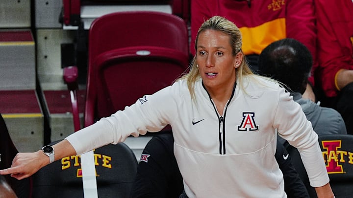 Arizona Wildcats women's basketball coach Becky Burke reacts from the bench during the second quarter against Iowa in the Big-12 women’s basketball on Jan. 24, 2026, at Hilton Coliseum in Ames, Iowa.