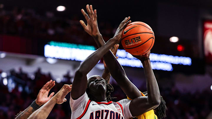 Nov 29, 2025; Tucson, Arizona, USA; Norfolk State Spartans fouls Arizona Wildcats forward Sidi Gueye (15) during the second half at McKale Memorial Center. Mandatory Credit: Aryanna Frank-Imagn Images
