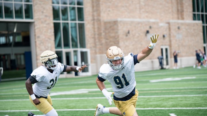 Aiden Gobaira DL of the Fighting Irish at Notre Dame football practice at the Irish Athletic Center on August 7, 2023. Aiden Gobaira DL of the Fighting Irish at Notre Dame football practice at the Irish Athletic Center on August 7, 2023.