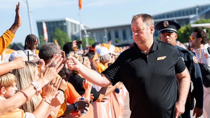 Tennessee head coach Josh Heupel greets fans before the Aflac Kickoff Game between the Volunteers and Syracuse held at Mercedes-Benz Stadium in Atlanta, Ga., on August 30, 2025.