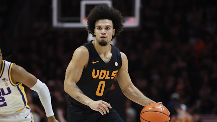Feb 14, 2026; Knoxville, Tennessee, USA;  Tennessee Volunteers guard Ja'kobi Gillespie (0) moves the ball against the Louisiana State Tigers during the first half at Thompson-Boling Arena at Food City Center. Mandatory Credit: Randy Sartin-Imagn Images