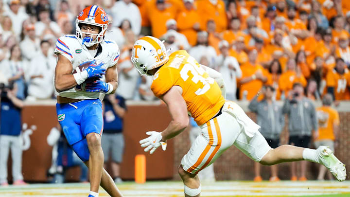 Florida wide receiver Chimere Dike (17) scores a touchdown during a SEC conference game between Tennessee and Florida in Neyland Stadium on Saturday, Oct. 12, 2024.