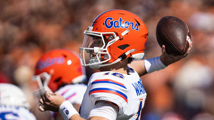 Florida Gators quarterback Aidan Warner (16) throws a pass in the second quarter of the Longhorns' game against the Florida Gators, Nov. 9, 2024 at Darrell K. Royal Texas Memorial Stadium in Austin.
