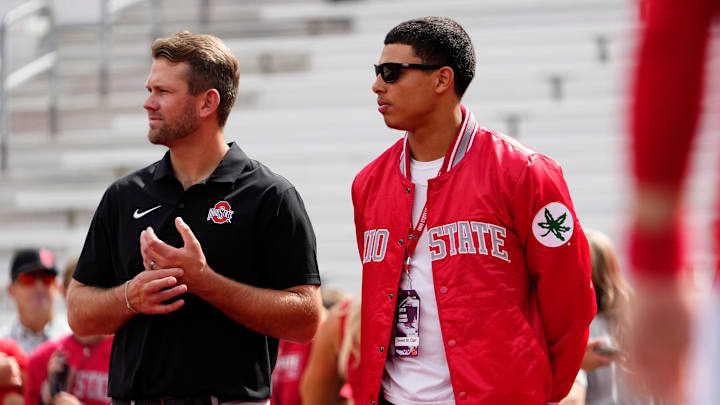 Sep 16, 2023; Columbus, Ohio, USA; Ohio State Buckeyes quarterbacks coach Corey Dennis stands with