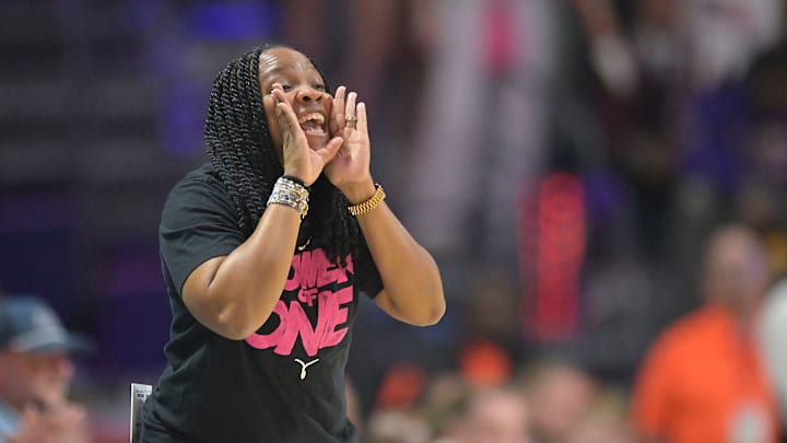 Ole Miss head coach Yolett McPhee-McCuin yells instructions against LSU in a NCAA women’s college basketball game at the Sandy and John Black Pavilion at Ole Miss in Oxford, Miss. on Thursday, Feb. 19, 2026.