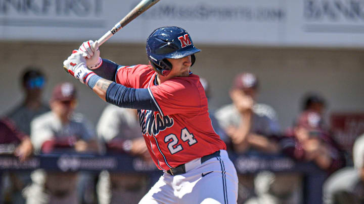 Ole Miss' Austin Fawley (24) bats against Mississippi State in Oxford, Miss. on Saturday, March 28, 2026. Ole Miss' Austin Fawley (24) bats against Mississippi State in Oxford, Miss. on Saturday, March 28, 2026.