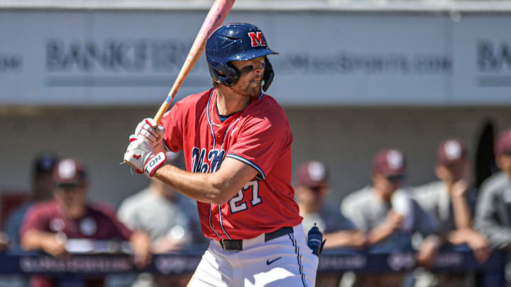 Ole Miss' Judd Utermark (27) bats against Mississippi State in Oxford, Miss. on Saturday, March 28, 2026.