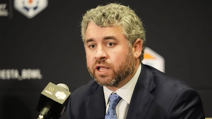 Head coach Pete Golding of Mississippi makes final pregame comments before their matchup at the Fiesta Bowl during a news conference at the JW Marriott Scottsdale Camelback Inn Resort on Jan. 7, 2026.