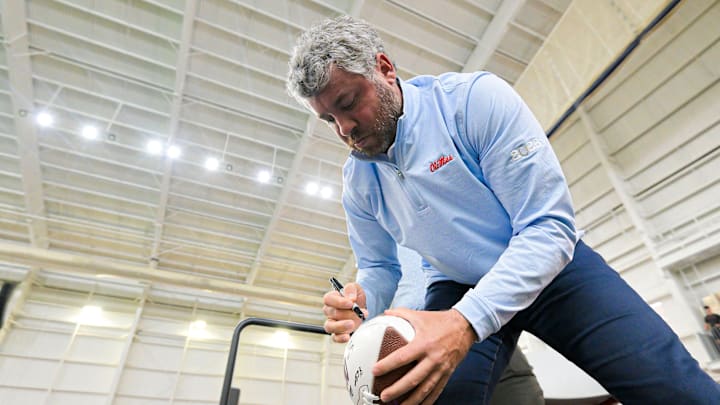 Head coach Pete Golding signs autographs at “Meet the Rebels” in Oxford, Miss. on Saturday, April 25, 2026.