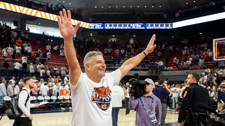Auburn Tigers head coach Bruce Pearl acknowledges the crowd after the game as Auburn Tigers men's basketball takes on Texas A&M Aggies at Auburn Arena in Auburn, Ala., on Saturday, Feb. 12, 2022. Auburn Tigers defeated Texas A&M Aggies 75-58.