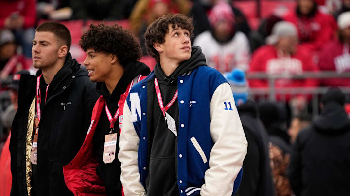 Nazareth Academy quarterback Peyton Falzone, right, watches warm ups with Bellefontaine quarterback Tavien St. Clair prior to the NCAA football game against the Indiana Hoosiers at Ohio Stadium in Columbus on Saturday, Nov. 23, 2024.
