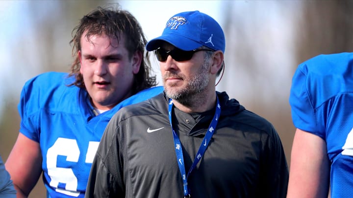MTSU's new Offensive Coordinator Mitch Stewart watches players during an MTSU spring football practice on Thursday, March 31, 2022, at MTSU.
7 Mtsu Spring Football Practice MTSU's new Offensive Coordinator Mitch Stewart watches players during an MTSU spring football practice on Thursday, March 31, 2022, at MTSU.
7 Mtsu Spring Football Practice