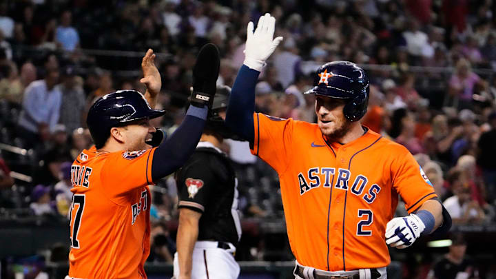Oct 1, 2023; Phoenix, AZ, USA; Houston Astros Alex Bregman (2) hits a run-run home run off Arizona