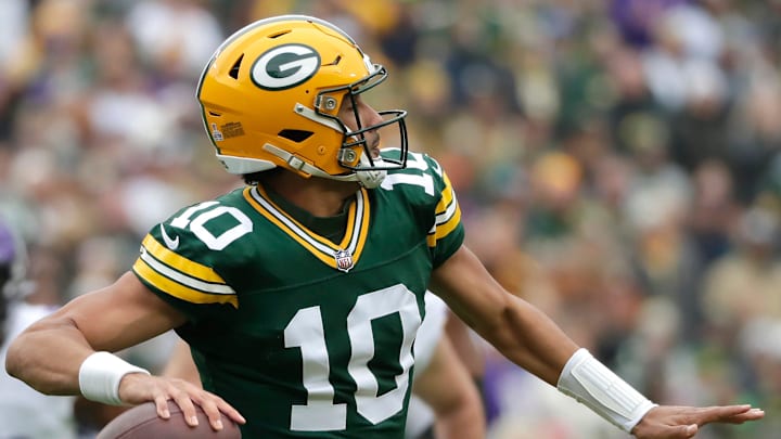 Green Bay Packers quarterback Jordan Love (10) against the Minnesota Vikings during their football