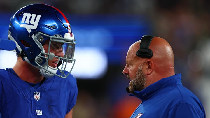 Aug 26, 2023; East Rutherford, New Jersey, USA; New York Giants head coach Brian Daboll speaks with