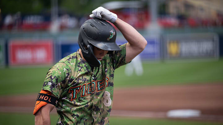 Norfolk's Jackson Holliday, the No. 1 overall draft pick in 2022 and top prospect in baseball in most ranking systems, walks to the batter's box during Tuesday's game at Polar Park.