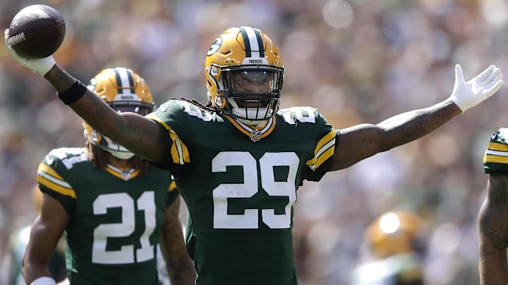 Sep 15, 2024; Green Bay, Wisconsin, USA;  Green Bay Packers safety Xavier McKinney (29) celebrates a first half interception against Indianapolis Colts at Lambeau Field. Mandatory Credit: Wm. Glasheen/USA TODAY Network via Imagn Images