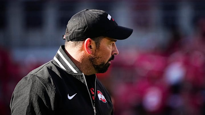 Ohio State Buckeyes head coach Ryan Day watches warm ups prior to the NCAA football game against the Michigan Wolverines at Ohio Stadium in Columbus on Saturday, Nov. 30, 2024.
