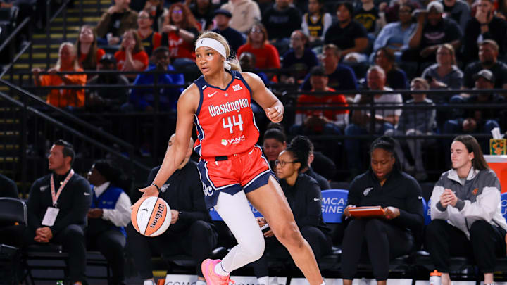 May 28, 2025; Washington, District of Columbia, USA; Washington Mystics forward Kiki Iriafen (44) dribbles the ball in the second quarter against the Indiana Fever at Entertainment & Sports Arena. Mandatory Credit: Emily Faith Morgan-Imagn Images