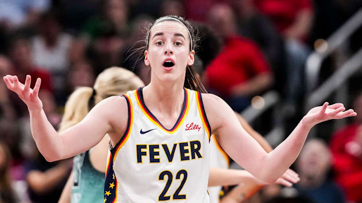 Indiana Fever guard Caitlin Clark (22) reacts to the officiating Saturday, May 24, 2025, during a game between the Indiana Fever and the New York Liberty at Gainbridge Fieldhouse in Indianapolis. The New York Liberty defeated the Indiana Fever, 90-88.