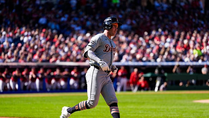Detroit Tigers designated hitter Kerry Carpenter (30) runs after batting a single against Cleveland Guardians during the first inning of Game 1 of ALDS at Progressive Field in Cleveland, Ohio on Saturday, Oct. 5, 2024.