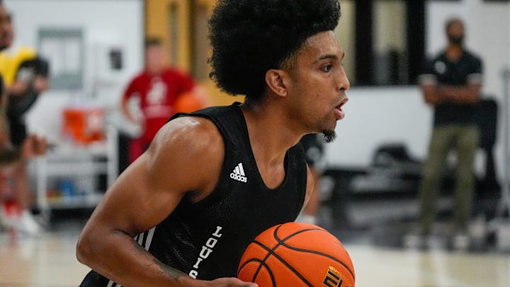 Chucky Hepburn drives up court during practice before the Cards head to the Bahamas. July 26, 2024