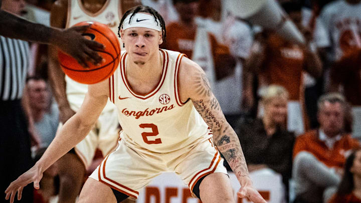 Mar 8, 2025; Austin, Texas, USA; Texas Longhorns guard Chendall Weaver (2) watches the ball as he defends in the second half of the Longhorns' game against the Oklahoma Sooners at Moody Center.