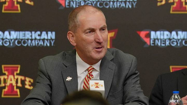 Iowa State athletic director Jamie Pollard announces Iowa State women’s wrestling program and new head coaches for men’s and women’s wrestling coaches during a press conference at Hilton Coliseum on April. 16, 2026, in Ames, Iowa