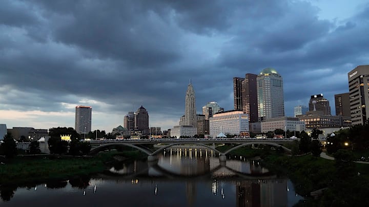 Jul 22, 2023; Columbus, Ohio, U.S.; Downtown Columbus on Saturday night during Jazz and Rib Fest.