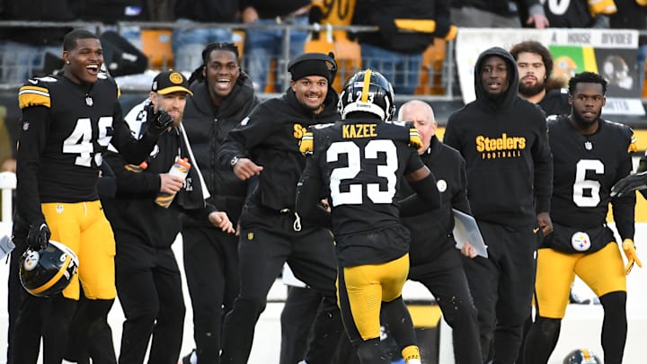 Nov 12, 2023; Pittsburgh, Pennsylvania, USA;  Pittsburgh Steelers safety Damontae Kazee (23) runs out of bounds after intercepting a pass against the Green Bay Packers during the fourth quarter at Acrisure Stadium. Mandatory Credit: Philip G. Pavely-Imagn Images