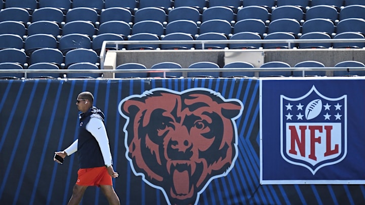 Sep 10, 2023; Chicago, Illinois, USA;  Chicago Bears general manager Ryan Poles walks laps around the field before their game against the Green Bay Packers at Soldier Field. Mandatory Credit: Jamie Sabau-Imagn Images