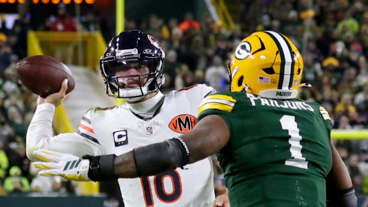 Green Bay Packers defensive end Micah Parsons (1) pressures Chicago Bears cornerback Jaylon Johnson (1) on Sunday, December 7, 2025, at Lambeau Field in Green Bay, Wis. The Packers defeated the Bears 28-21.
Wm. Glasheen USA TODAY NETWORK-Wisconsin Green Bay Packers defensive end Micah Parsons (1) pressures Chicago Bears cornerback Jaylon Johnson (1) on Sunday, December 7, 2025, at Lambeau Field in Green Bay, Wis. The Packers defeated the Bears 28-21.
Wm. Glasheen USA TODAY NETWORK-Wisconsin