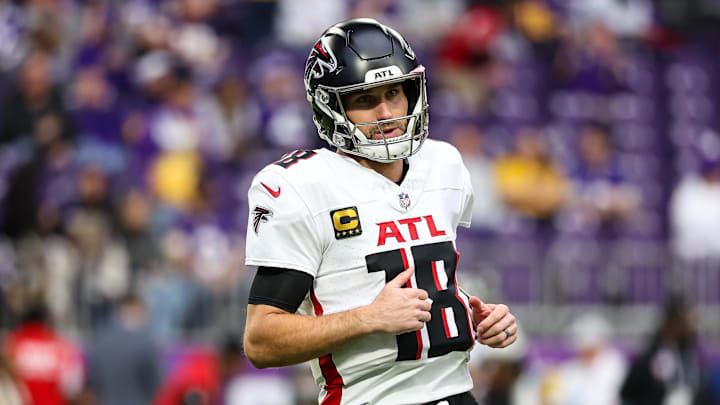 Dec 8, 2024; Minneapolis, Minnesota, USA; Atlanta Falcons quarterback Kirk Cousins (18) warms up before the game against the Minnesota Vikings at U.S. Bank Stadium. Mandatory Credit: Matt Krohn-Imagn Images