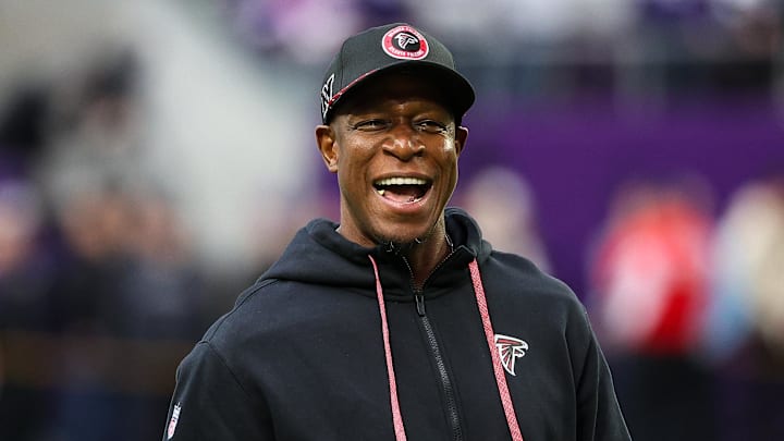 Dec 8, 2024; Minneapolis, Minnesota, USA; Atlanta Falcons head coach Raheem Morris looks on before the game against the Minnesota Vikings at U.S. Bank Stadium. Mandatory Credit: Matt Krohn-Imagn Images