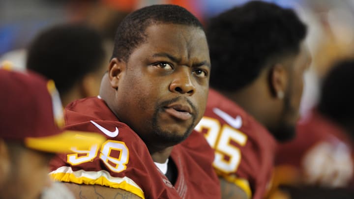 Aug 13, 2015; Cleveland, OH, USA; Washington Redskins defensive tackle Terrance Knighton (98) in a preseason NFL football game at FirstEnergy Stadium. Mandatory Credit: Ken Blaze-Imagn Images