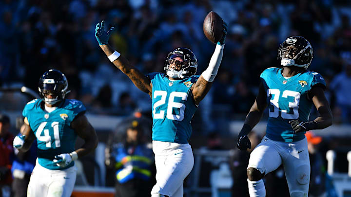 Jacksonville Jaguars safety Antonio Johnson (26) celebrates his late fourth quarter interception