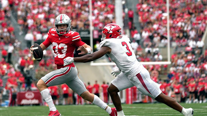 Sep 09, 2023; Columbus, OH, USA; Ohio State Buckeyes quarterback Devin Brown (33) is sacked by