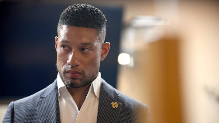 University of Notre Dame Head Football Coach Marcus Freeman joined the Notre Dame Club of Canton for an event at Massillon Eagles Post 190 Tuesday, May 07, 2024.