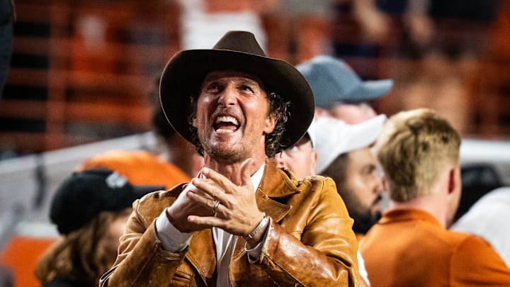 Matthew McConaughey reacts to a call by the referees in the third quarter of the Longhorns' game against the Georgia Bulldogs at Darrell K. Royal Texas Memorial Stadium in Austin, Oct. 19, 2024.