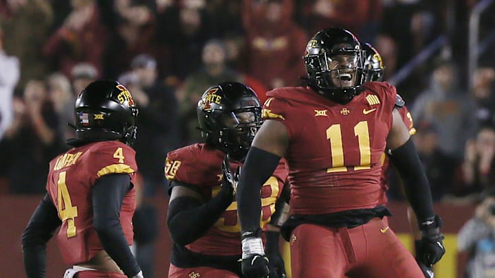 Iowa State Cyclones defensive line Tyler Onyedim (11) celebrates after a quarterback sack against Texas during the first quarter in the Big-12 football showdown at Jack Trice Stadium on Saturday, Nov. 18, 2023, in Ames, Iowa.