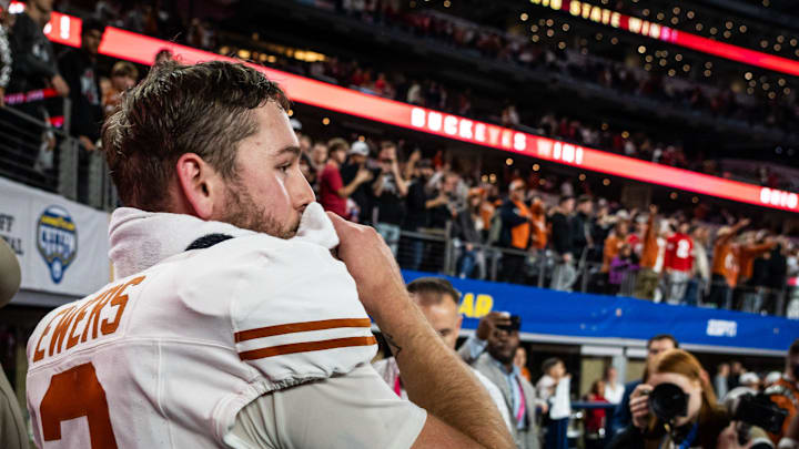 Texas Longhorns quarterback Quinn Ewers (3) turns around to look at the field a last time before walking to the locker room after the Longhorns' 28-14 loss to the Ohio State Buckeyes in the Cotton Bowl College Football Playoff semi-final at AT&T Stadium in Dallas, Texas, Jan. 10, 2025.