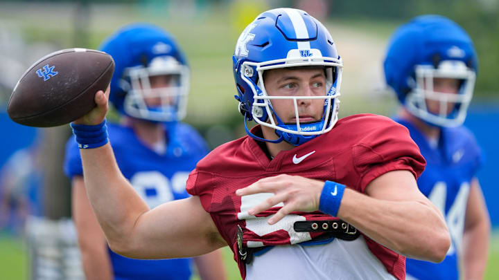 Kentucky Wildcat quarterback Zach Calzada throws during practice on Friday, August 1, 2025.