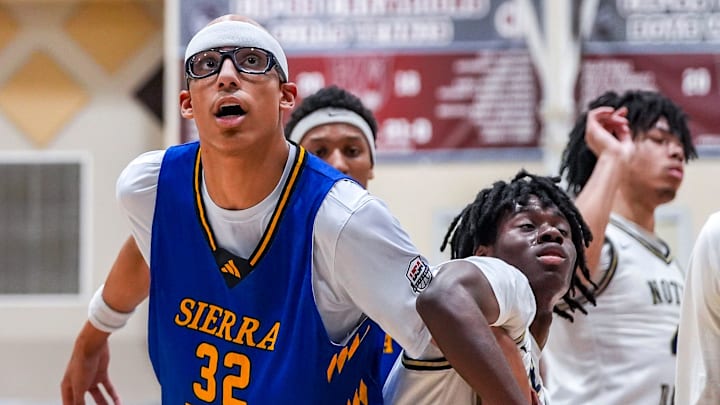 Sierra Vista's Xavion Staton boxes out Notre Dame's Caleb Ogbu after a free throw during the second quarter of their game in the Desert Holiday Classic in Rancho Mirage, Calif., Friday, Dec. 27, 2024.