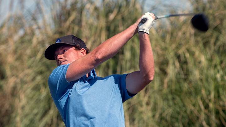 BYU's Carson Lundell hits from the 16th tee during the NCAA Stockton regional golf tournament at the Reserve at Spanos Park in Stockton.

Ncaa Golf 122a