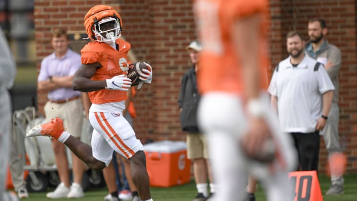 Clemson running back Gideon Davidson (9) runs during Spring Practice in Clemson, S.C. Monday, March 24, 2025.